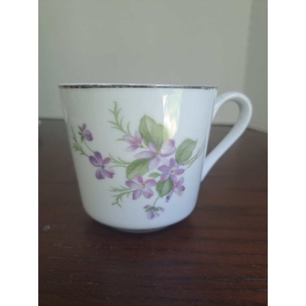 Vintage White With Purple Flowers And Silver Trim Fine China Cup Made In Japan